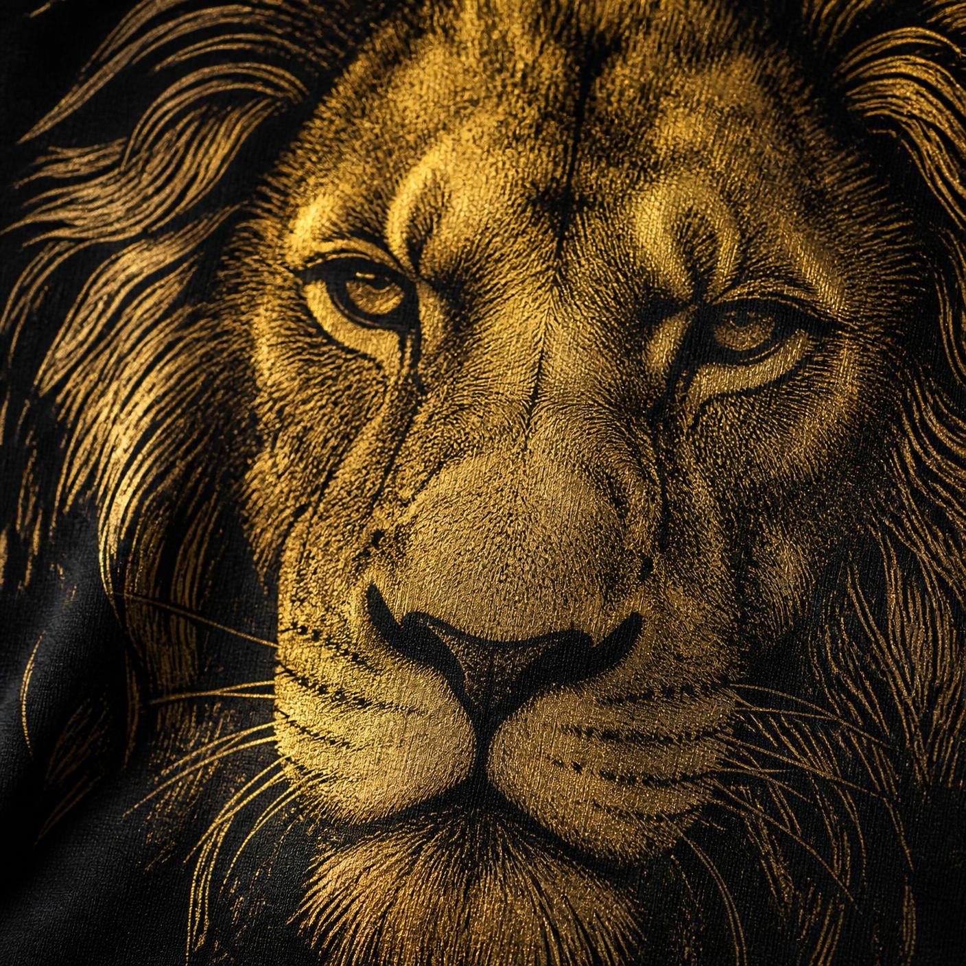 Gold lion print detail on sweatpants leg