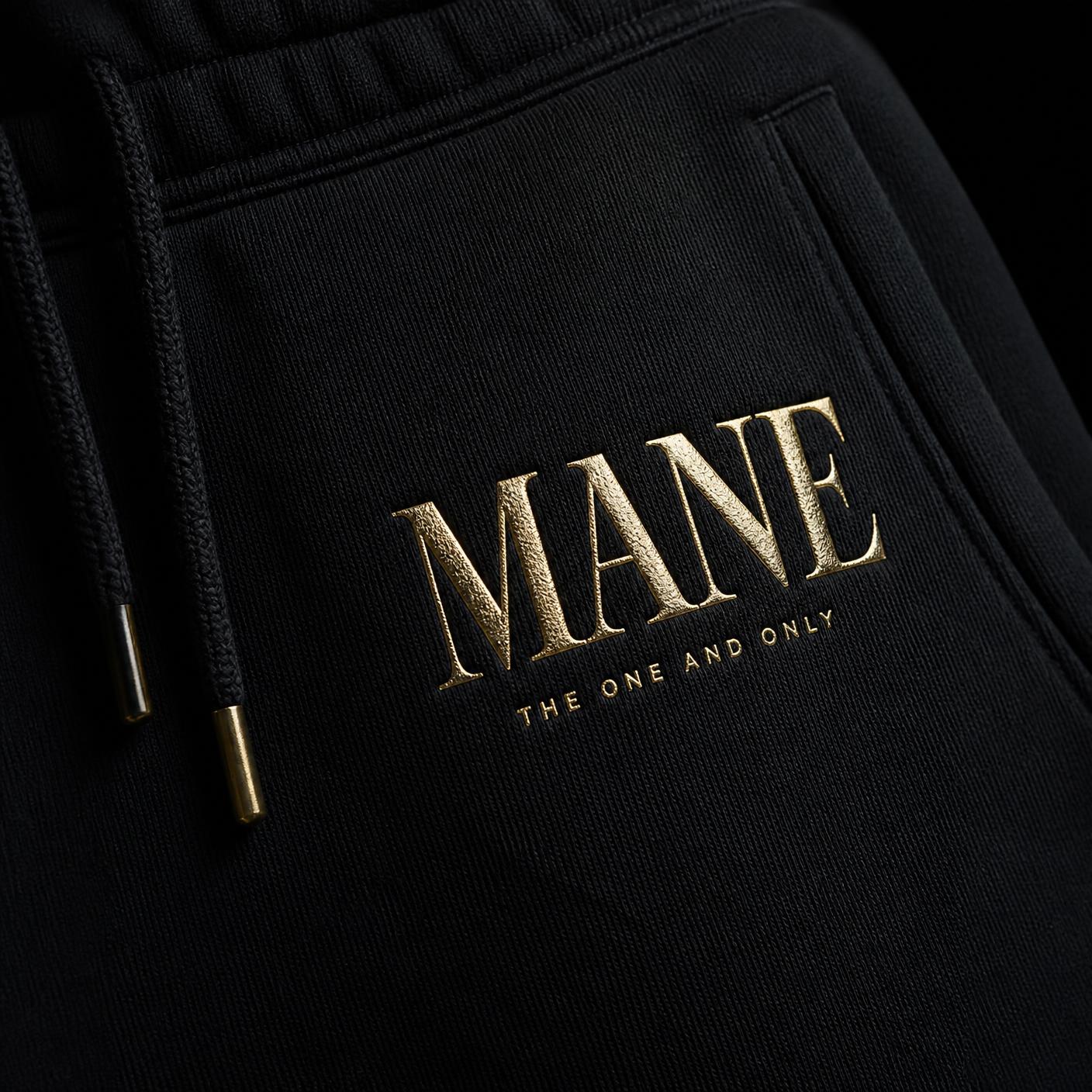 Gold embroidered MANE hip logo detail