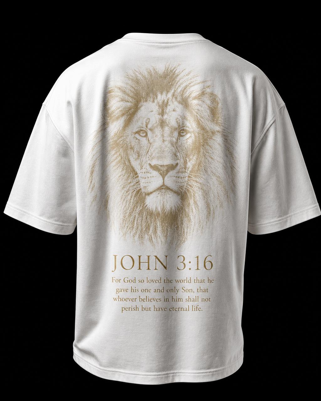 Back of MANE oversized white tee with faded gold lion and John 3:16