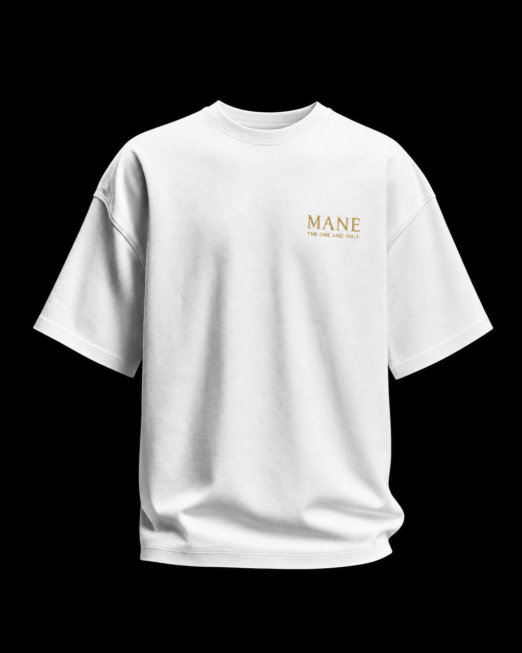 MANE oversized white tee with gold MANE chest logo